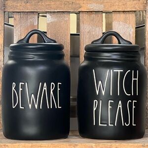 Rae Dunn Black BEWARE and WITCH PLEASE Baby Canister Set